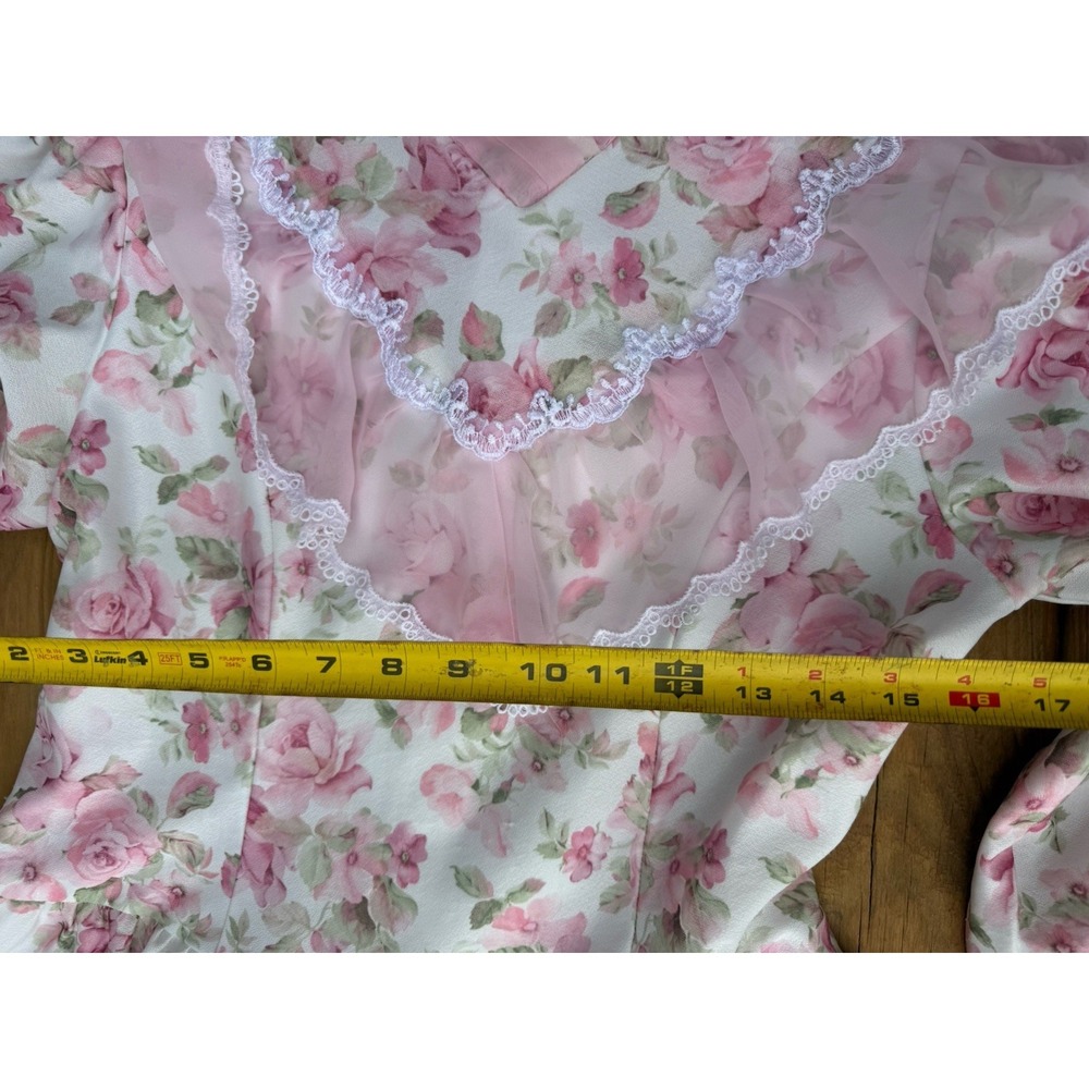 Vintage Hand Made 70s Pink Floral Prairie Maxi Long Sleeve Lace Trim Size 2/4 - Picture 6 of 8